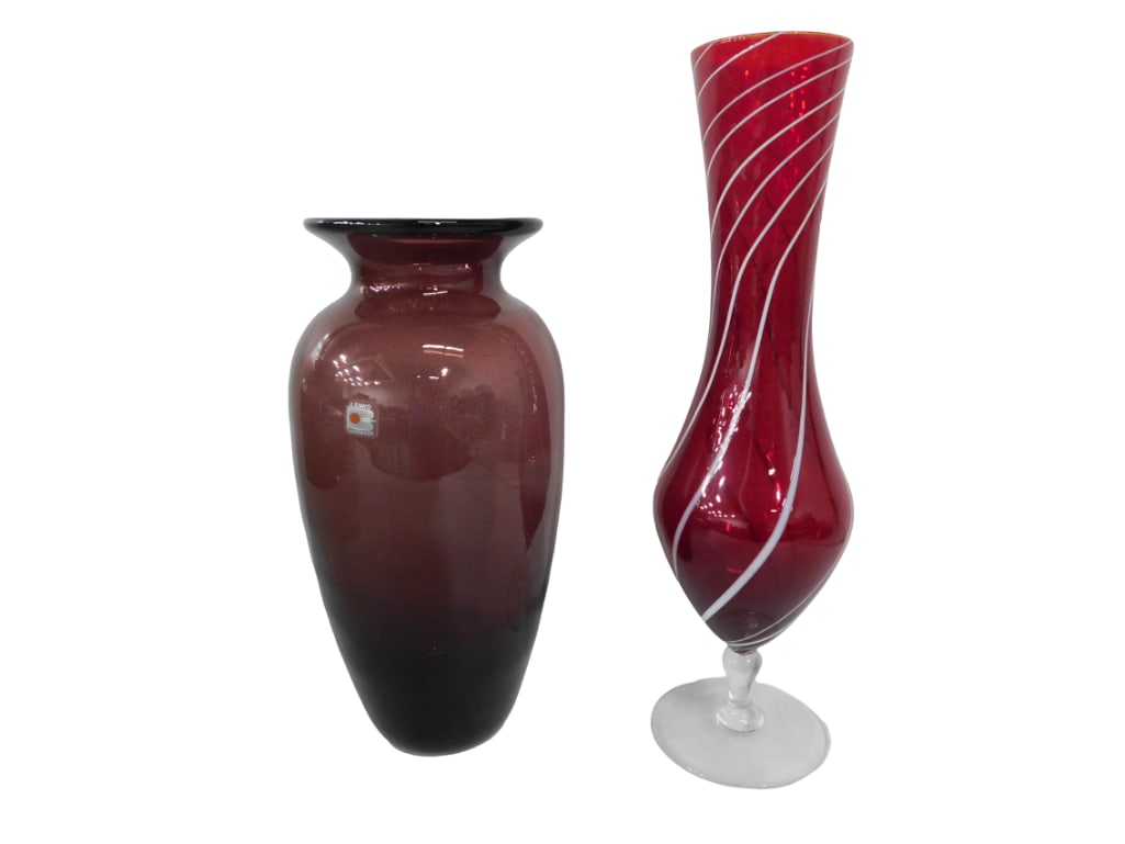 Blenko Amethyst Glass Vase and Red and White Striped Art Glass Vase with Clear Base (1 of 8)