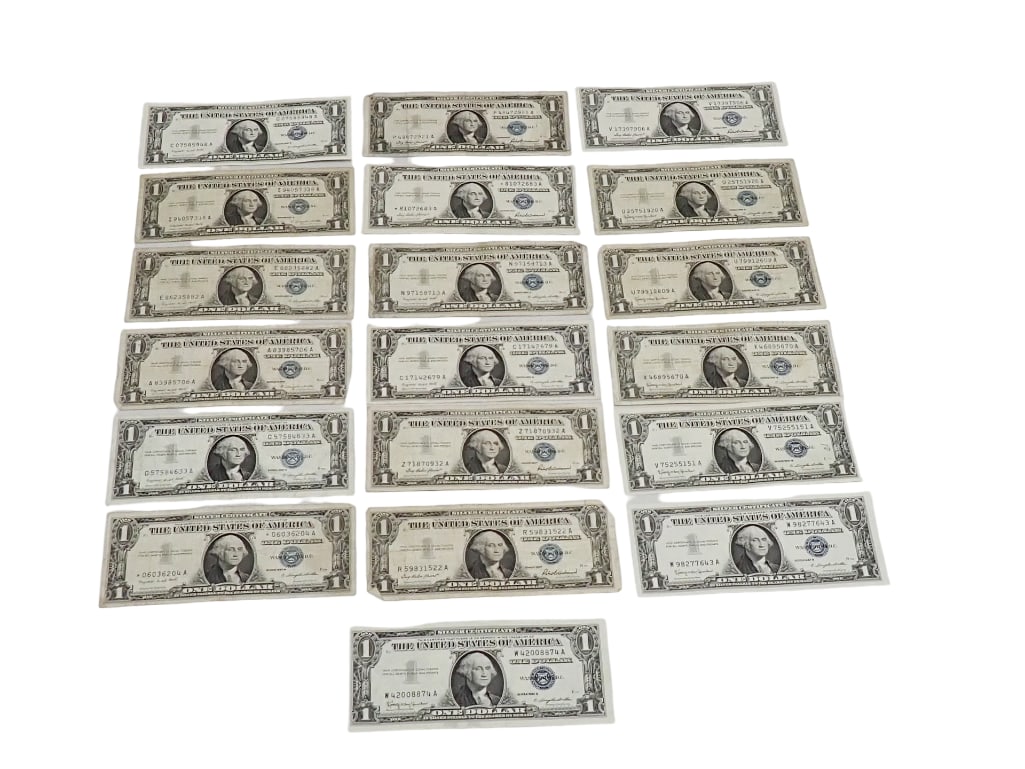 19 Nice $1 Silver Certificates All 1957: 19 Nice $1 Silver Certificates All 1957 All pictures are considered part of the description and should be examined carefully by bidders. Live Auctioneers is now offering Live Shipping through them. Th
