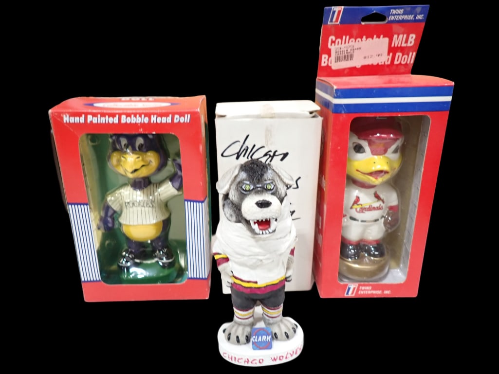3 Mascot Bobbleheads incl Chicago Wolves Skates, Colorado Rockies Dinger, (1 of 5)