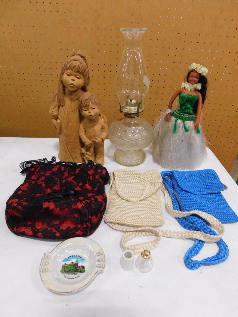 Misc. Lot including Lee Bortin Figurine, Oil Lamp, Hula Girl Doll, Purses, Gold Gilt Ash Tray, etc. (1 of 8)