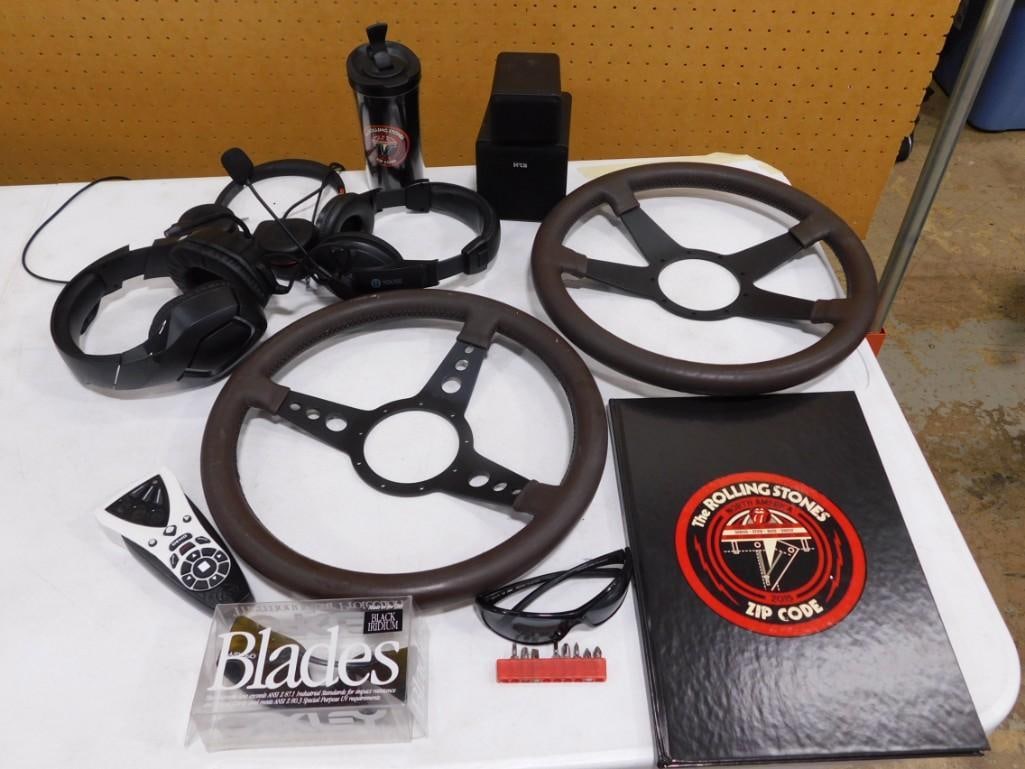 Misc. Lot including Steering Wheels, Rolling Stones Water Bottle and Program book, Headsets, Sunglas (1 of 6)