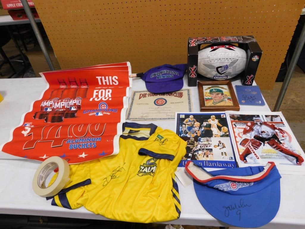 Sports Lot including Autographs, Soccer Jersey, Chicago Cubs, XFL Football, Advertising, etc.: Sports Lot including Autographs, Soccer Jersey, Chicago Cubs, XFL Football, Advertising, etc. All pictures are considered part of the description and should be examined carefully by bidders. Live Auct
