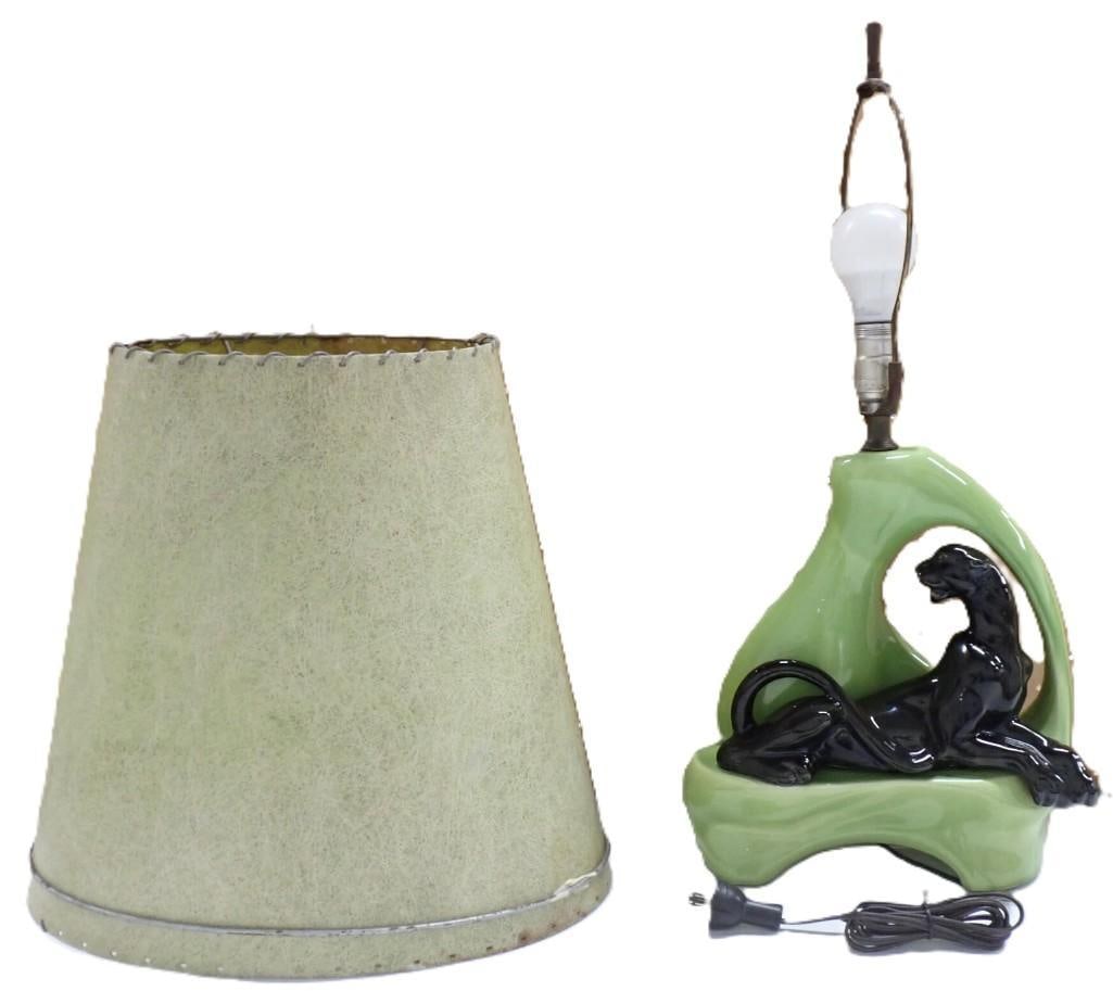 Vintage Chartreuse Green Ceramic Panther Light with Shade: Vintage Chartreuse Green Ceramic Panther Light with Shade MCM All pictures are considered part of the description and should be examined carefully by bidders. Live Auctioneers is now offering Live Shi