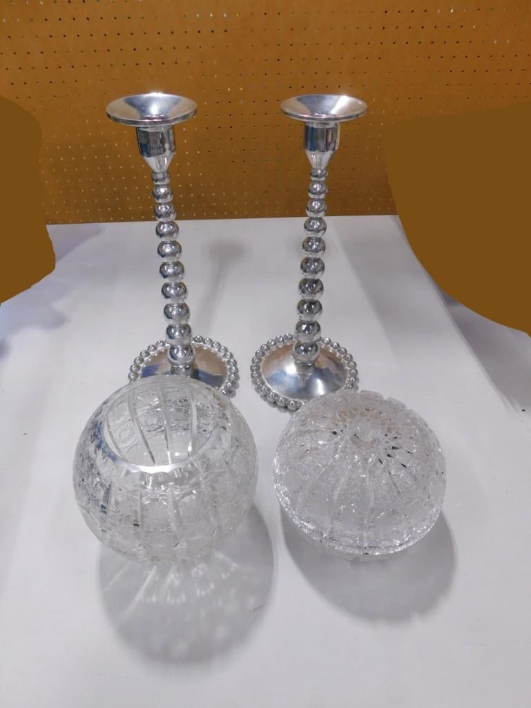 Vintage Cut Crystal Rose Bowl Queen Lace Bohemia and Mariposa Metal Candle Stick Holders: Vintage Cut Crystal Rose Bowl Queen Lace Bohemia and Mariposa Metal Candle Stick Holders 12x5x5" All pictures are considered part of the description and should be examined carefully by bidders. L
