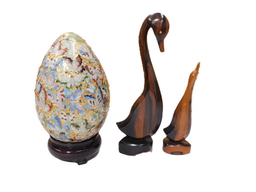 Vintage Large Cloisonne Egg Butterflies with Stand, and Shoenart Carved Mom and Baby Swan (1 of 6)