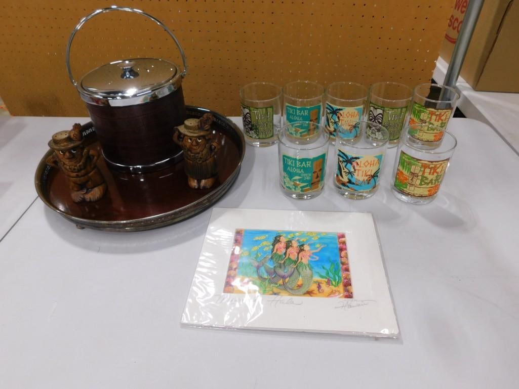 Tiki Lot including Tiki Drinking Glasses, Ice Bucket / Tray, Figurines, Pencil Signed Hawaii Print (1 of 13)