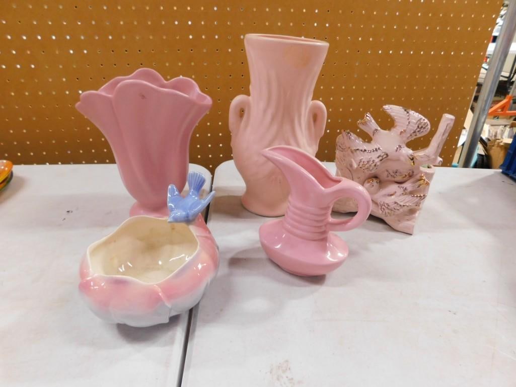 Ceramic Lot including Betson Potteries Bird Planter, Royal Copley, Shawnee Rose Pink Pitcher (1 of 8)
