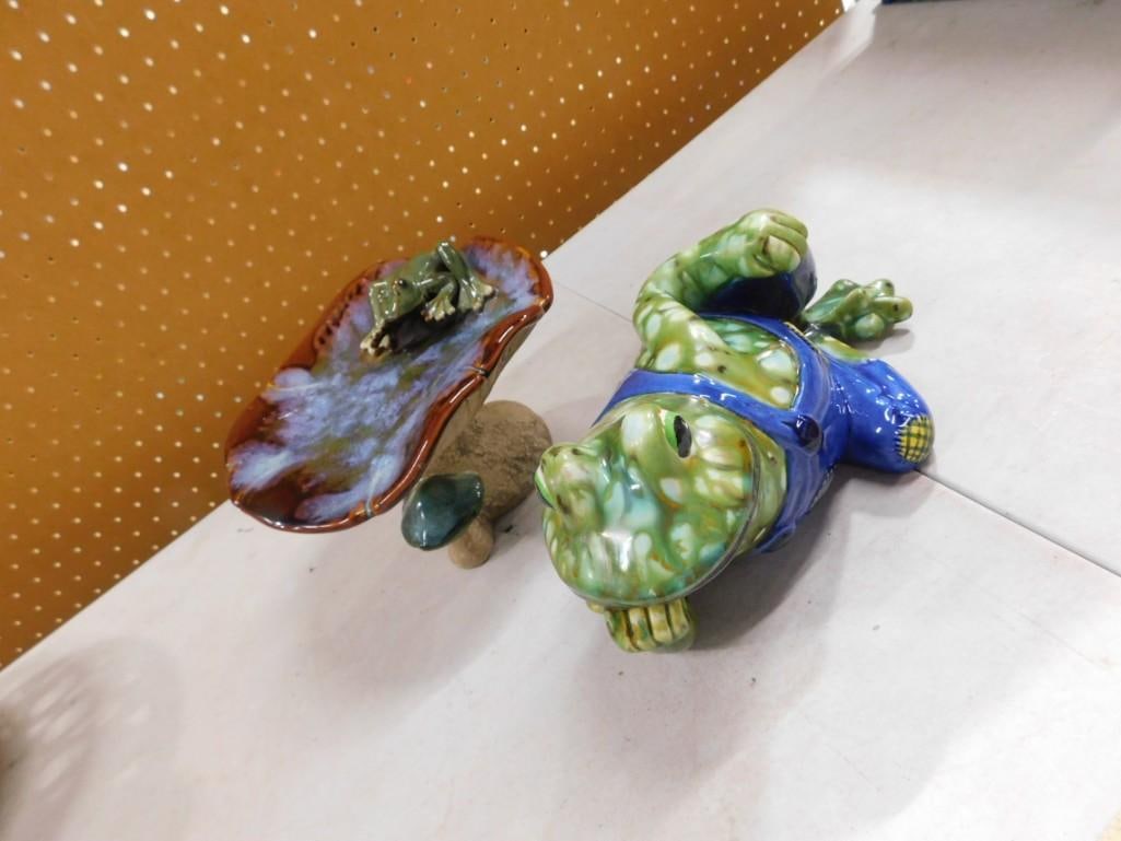 Quirky Ceramic Frogs - one with Overalls, one on a mushroom pad (1 of 6)