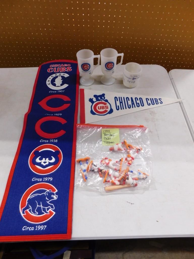 Chicago Cubs / Sports Lot including Pennant, Milk Glass Cups, 1984 Baseball Cake Toppers, Banner: Chicago Cubs / Sports Lot including Pennant, Milk Glass Cups, 1984 Baseball Cake Toppers, Banner, etc. All pictures are considered part of the description and should be examined carefully by bidders. 