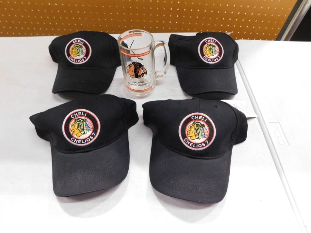 Chicago Blackhawks lot including Glass Mug, 4 Cheli Chelios 7 Hats: Chicago Blackhawks lot including Glass Mug, 4 Cheli Chelios 7 Hats with tags All pictures are considered part of the description and should be examined carefully by bidders. Live Auctioneers is now o