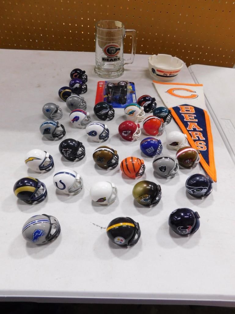 Football Lot including Vintage Chicago Bears Ashtray, Banner, Glass Mug, Mini Helmets, Mini Monster (1 of 5)