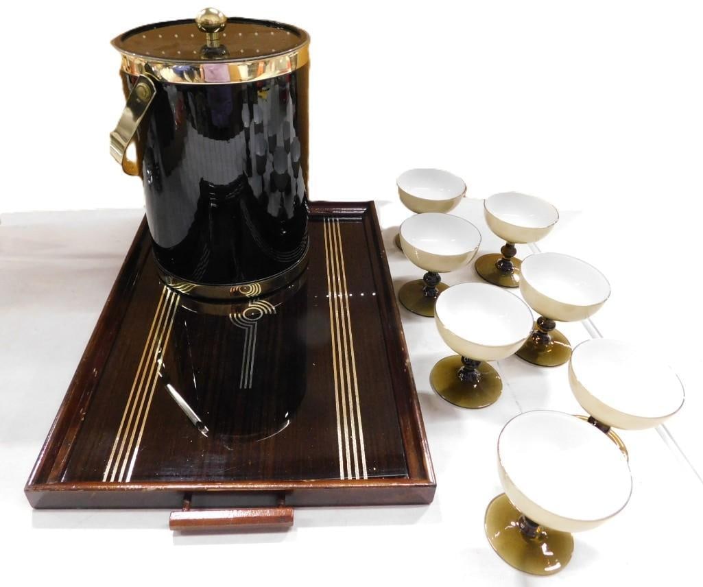 MCM Barware Set including Wood/Glass Tay, Vinyl Ice bucket w/ Gold Accents - National Housewares, (1 of 7)