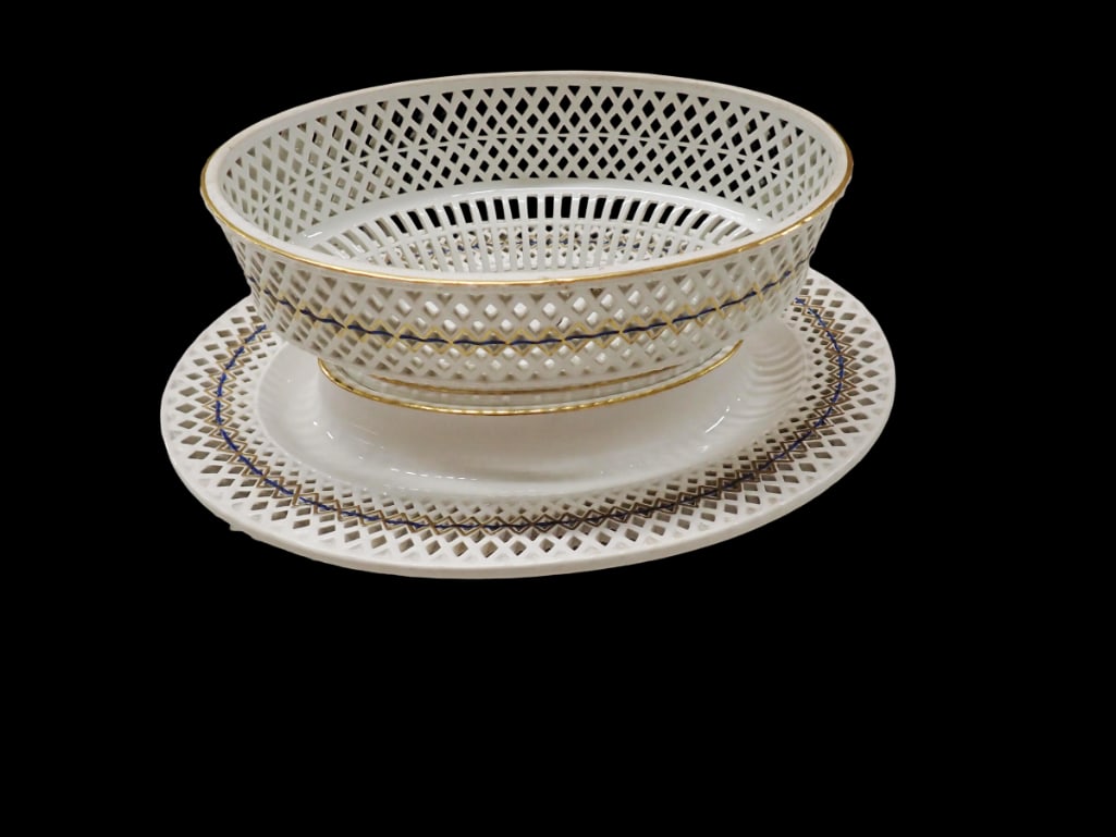 Antique Ackermann and Fritze Porcelain Basket Bowl with Under Plate: Antique Ackermann and Fritze Porcelain Basket Bowl with Underplate All pictures are considered part of the description and should be examined carefully by bidders. Live Auctioneers is now offering Liv