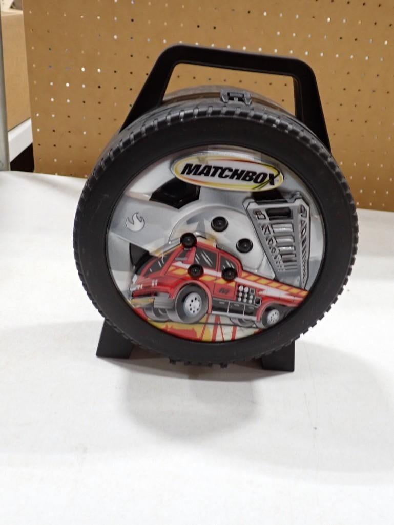 Matchbox Tire Carrying Case with Toy Cars and Vehicles incl Hot Wheels, etc: Matchbox Tire Carrying Case with Toy Cars and Vehicles incl Hot Wheels, etc All pictures are considered part of the description and should be examined carefully by bidders. Live Auctioneers is now o