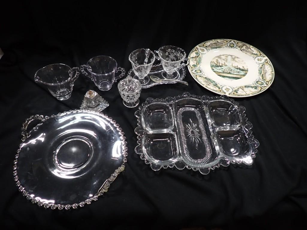 Antique Imperial China Buckingham Fountain Chicago Plate, Vintage Glass incl Candlewick 2 Handle Ser (1 of 8)