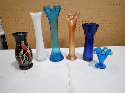 vintage Vases incl Blue Glass Stretch or Swung Vase, Carnival Glass Swung Vase, Cobalt Blue Glass Va: vintage Vases incl Blue Glass Stretch or Swung Vase, Carnival Glass Swung Vase, Cobalt Blue Glass Vase, Blue Glass Hobnail Vase, White Glass Stretch or Swung Vase, etc All pictures are considered par