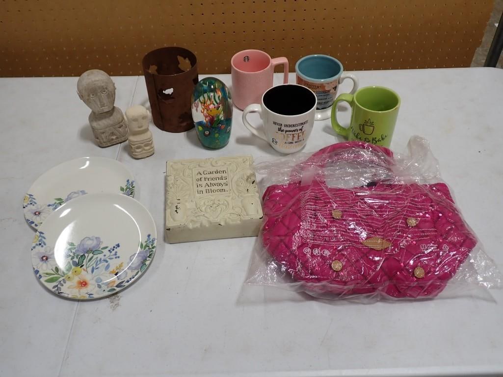 Misc incl Fish Paperweight, Robot Type Head Figures, Mugs or Cups, Purse, 2 Plates, Garden Decoratio (1 of 7)