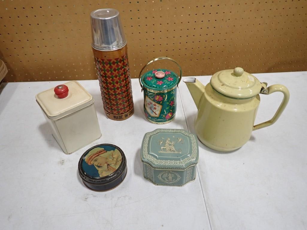 Vintage Lot incl Enamelware Coffee Pot, Trinket Boxes, 2 Small Canisters, (1 of 7)