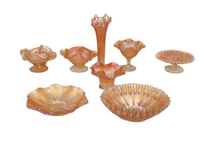 5 Marigold Carnival Glass Items incl Antique Dugan Question Marks Footed Bowls, Fenton Peacock Tail: 8 Marigold Carnival Glass Items incl 3 Antique Dugan Question Marks Footed Bowls, 4 Fenton Peacock Tail Bowls, and a Fenton Fine Rib Style Carnival Glass Swung Vase All pictures are considered part o