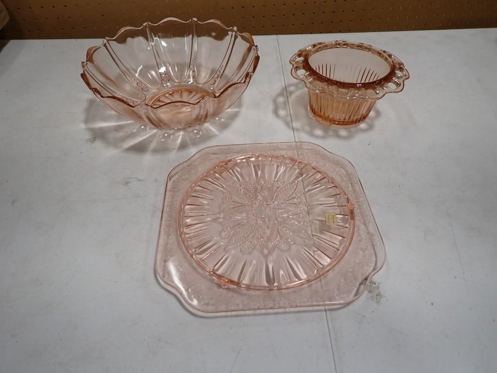 3 Pink Depression Glass Items incl Oyster and Pearl Bowl, etc (1 of 3)