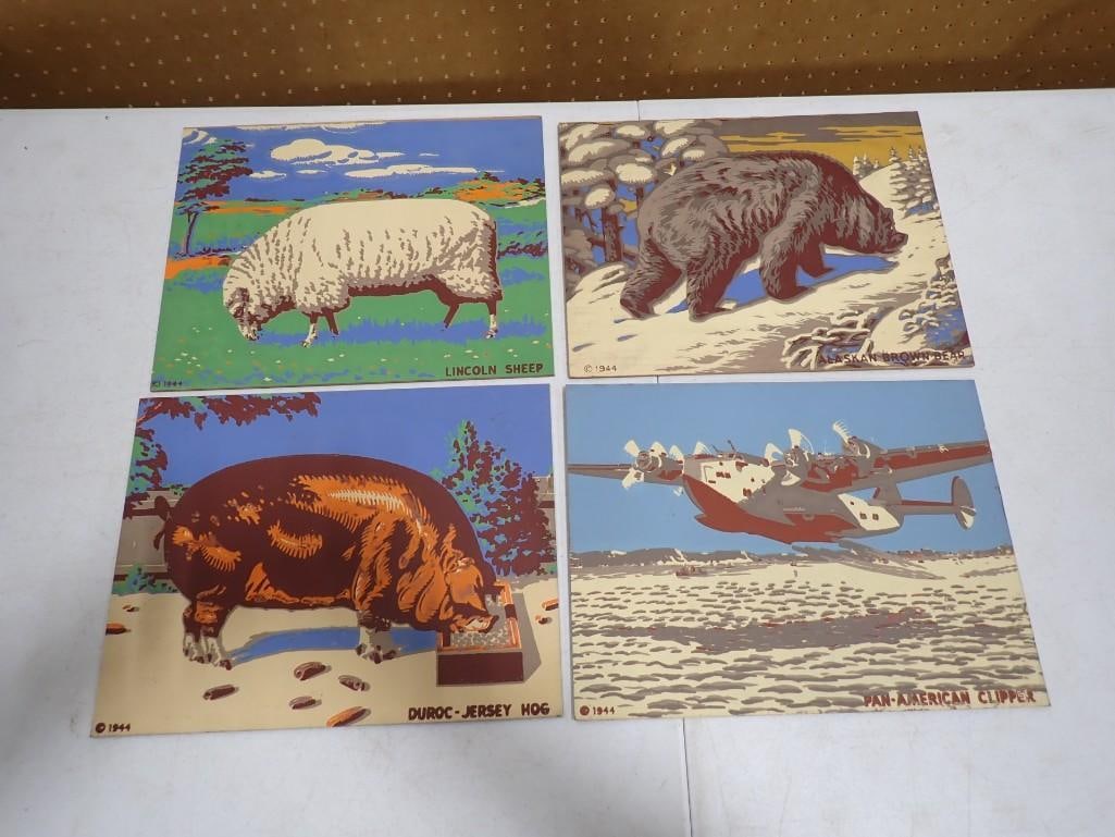 Set of 4 Two Sided Prints Dated 1944 incl Animals and Transportation (1 of 10)