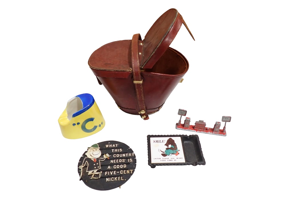 Vintage Leather Top Hat Box or Case, 1950s Linea Costa Line Cruise Ship Ashtray, Tootsietoy Gas Pum: Vintage Leather Top Hat Box or Case "Bag by Debbie", 1950s Linea Costa Line Cruise Ship Ashtray, Tootsietoy Gas Pumps, Novelty Cast Iron Ashtray, Trivet All pictures are considered part of th