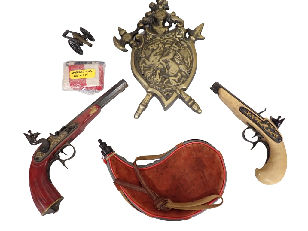 Cast Iron Shield, 2 Vintage Replica Model Kit Guns, etc (1 of 10)