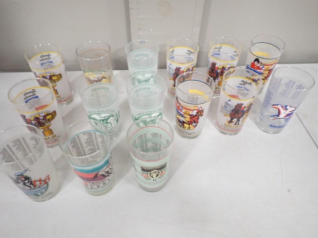 15 Kentucky Derby Drinking Glasses or Tumblers: Lot of 15 Kentucky Derby Drinking Glasses or Tumblers All pictures are considered part of the description and should be examined carefully by bidders. Live Auctioneers is now offering Live Shipping th