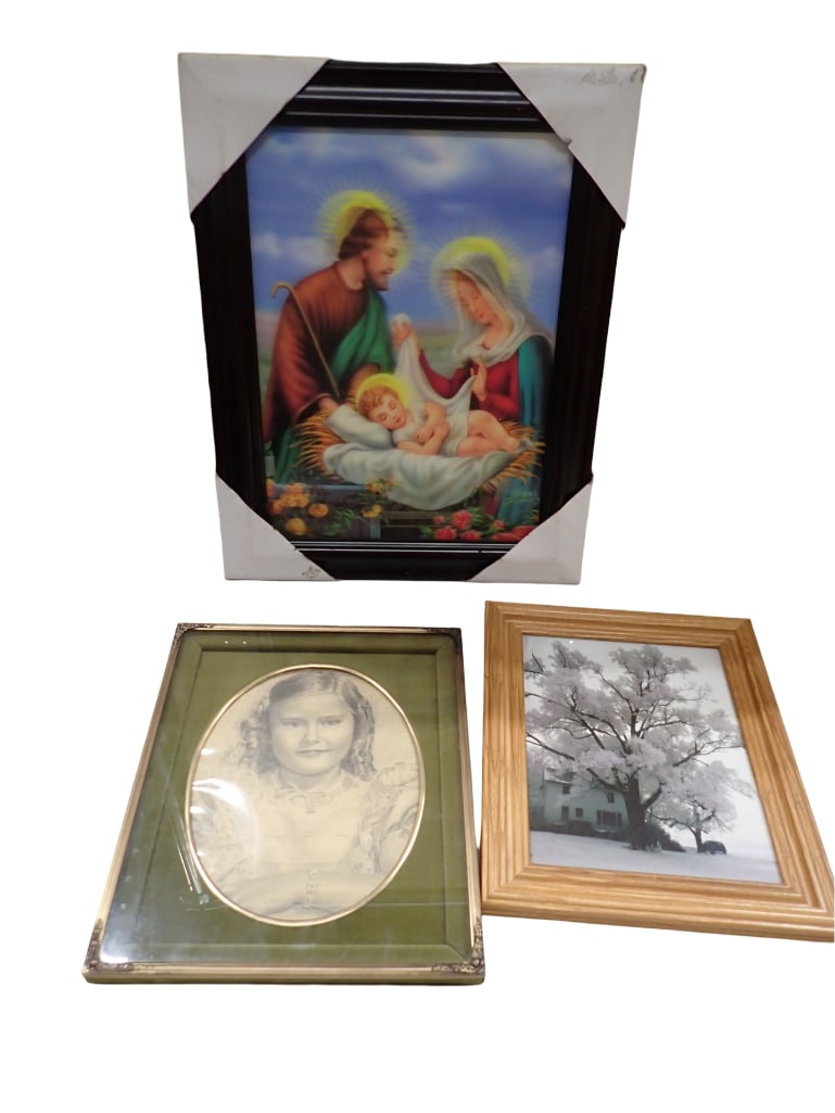 3 Framed Art pieces including Lenticular Religious, Vintage or antique portrait, winter scene (1 of 5)
