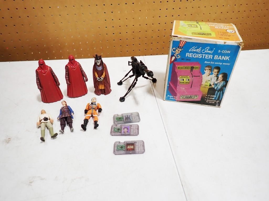 Misc Toy Lot including Star Wars, Uncle Sams 3 Coin Register Bank with original box, Commtech Chips, (1 of 9)