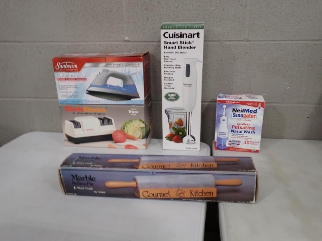 New in Package Stick Blender, Iron, Knife Sharpener, Nasal Wash, Marble Rolling Pin (1 of 6)