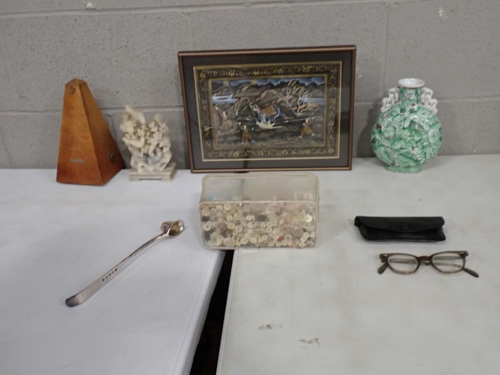 Misc. lot including Metronome, Ceramic Vase, Assorted Buttons, Glasses, Framed Picture, etc. (1 of 9)