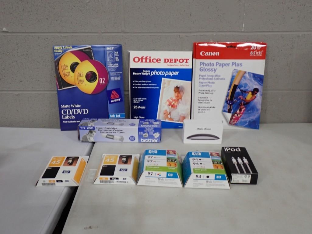Computer Printing Supplies including Glossy paper, CD/DVD Labels, Toner, Ink, plus Magic Mouse,: Computer Printing Supplies including Glossy paper, CD/DVD Labels, Toner, Ink, plus Magic Mouse, iPod Cable All pictures are considered part of the description and should be examined carefully by bidde
