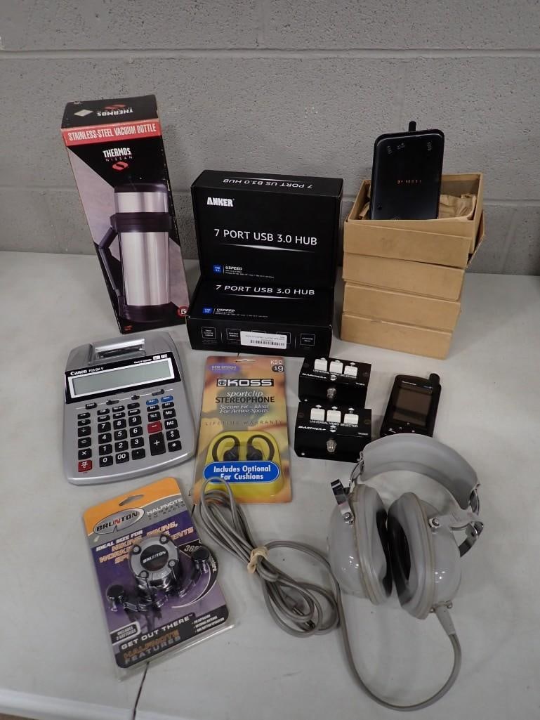 Misc. Lot including Anker 7 Port USB 3 Hub, Headphones, Adding Machine, Thermos, Mini Radio Compass, (1 of 7)