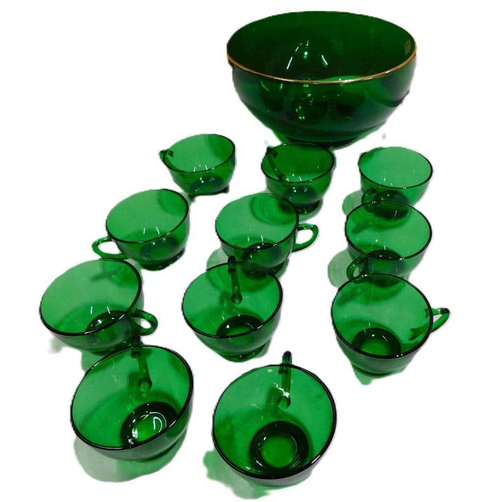 Green Glass Tea / Punch Cups and Bowl with Gold Rim: Green Glass Tea / Punch Cups and Bowl with Gold Rim All pictures are considered part of the description and should be examined carefully by bidders. Live Auctioneers is now offering Live Shipping thro
