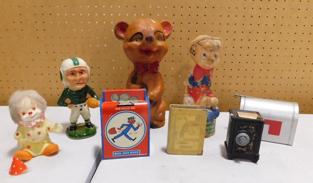 Vintage Toy Lot, etc. Including Mail Box Bank, Pinocchio, Clown, Bear, Football Figurine, etc. (1 of 4)