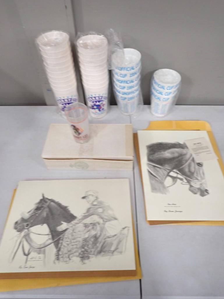 Kentucky Derby Lot including Sam Jurige Prints, Stacks of Plastic Drinking Cups, Case of 4 Glasses: Kentucky Derby Lot including Sam Jurige Prints, Stacks of Plastic Drinking Cups, Case of 4 Glasses All pictures are considered part of the description and should be examined carefully by bidders. Liv