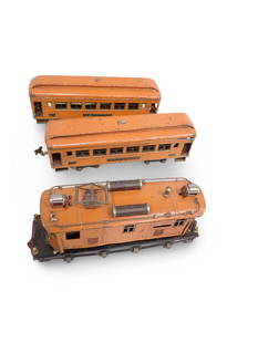 Lionel Electric Engine 256 with 2 - 710 Orange Passenger Cars O Gauge: Lionel Electric Engine 256 with 2 - 710 Orange Passenger Cars . Rough condition, engine is loose from the frame, has 2 motors, shells are loose and broken on 1 end, wheels turn. Parts are