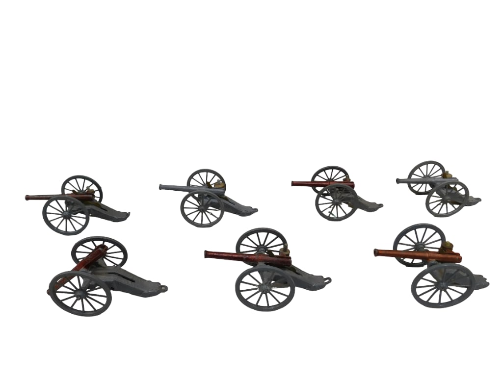 Box of 7 Lead Miniature Cannons labeled 'made in England' possibly Britains (1 of 8)