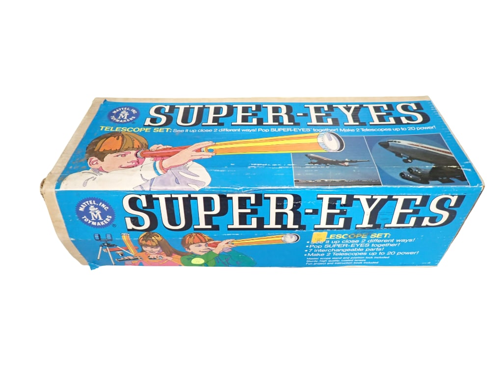 Vintage Mattel Super Eyes Telescope Set in Original Box: Vintage Mattel Super Eyes Telescope Set in Original Box . Includes everything that you see in the pictures . Box is 23"x9"x7" All pictures are considered part of the descripti