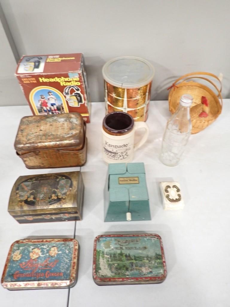 Collectibles incl Vintage Headphone Radio, Tins, Kentucky Derby Mug, Chicken Basket, etc (1 of 8)