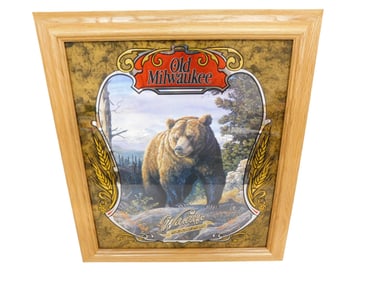 Old Milwaukee Beer Wildlife Series Grizzly Bear Bar Mirror Framed 19"x17"