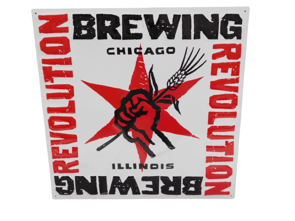 Revolution Brewing Metal Bar Sign 18" x 18": Revolution Brewing Metal Bar Sign 18" x 18" All pictures are considered part of the description and should be examined carefully by bidders. Live Auctioneers is now offering Live Shipping thro