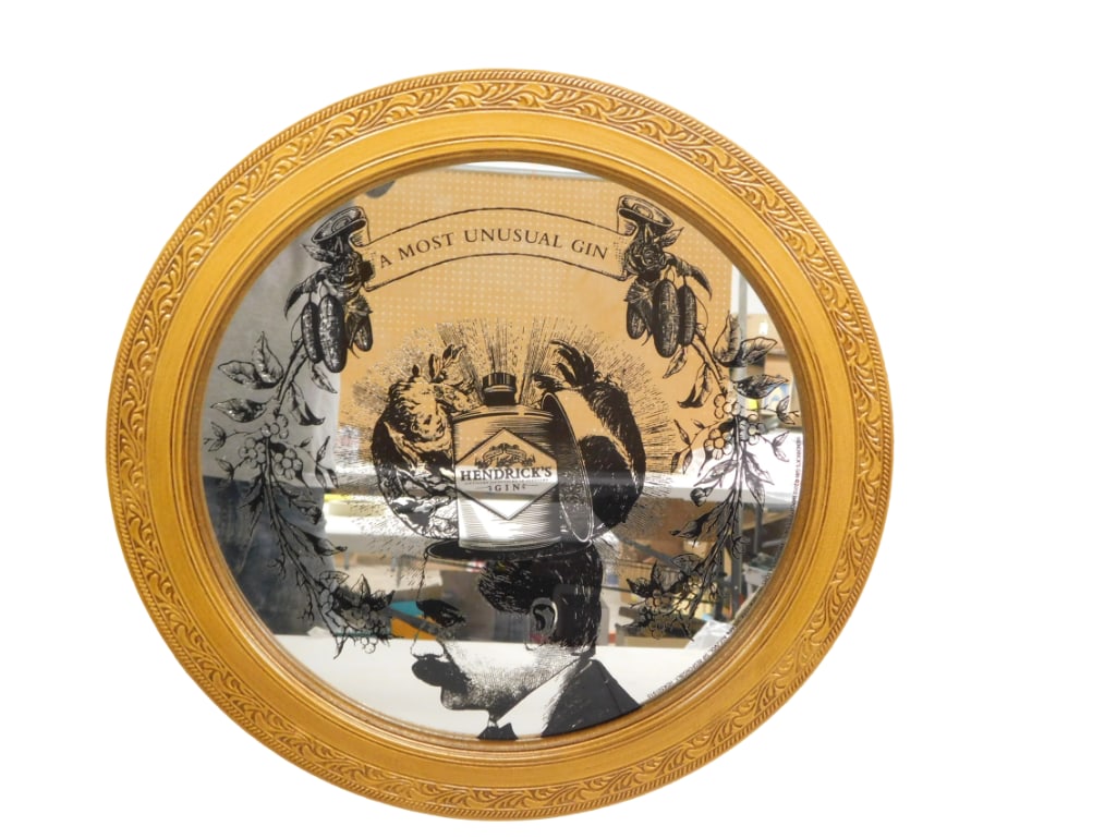 Hendrick's Gin Framed Round Bar Mirror 18": Hendrick's Gin Framed Round Bar Mirror 18" All pictures are considered part of the description and should be examined carefully by bidders. Live Auctioneers is now offering Live Shipping throu