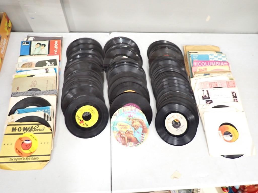 Lot of Vinyl 45 RPM Records - Many with Sleeves - including such favorites as Burger King Alf Promo, (1 of 9)