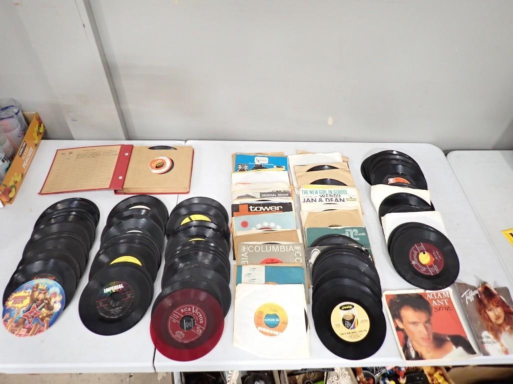 Vinyl 45 RPM Records including many with sleeves - Adam Ant, Tiffany, Jan & Dean, Alf, Temptations (1 of 8)