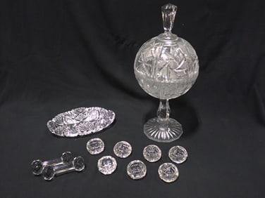 Group of Cut Glass; Set of 6 Brilliant Cut Salt Cellars, 1 Celery Dish, 2 Knife Rests, 1 Covered bow