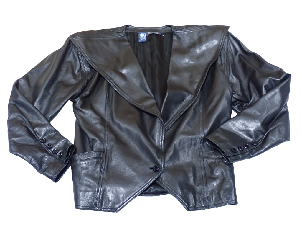 Emanuel Ungaro Black Leather Jacket. Single Button Jacket with Wide Lapels. Labeled "Emanuel Ungaro (1 of 9)