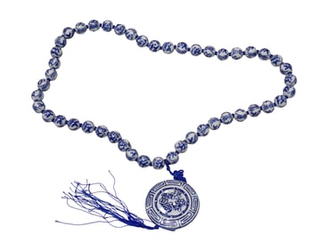 Chinese Blue and White Porcelain Shou Bead Necklace with Round Porcelain Pendant and Tassel