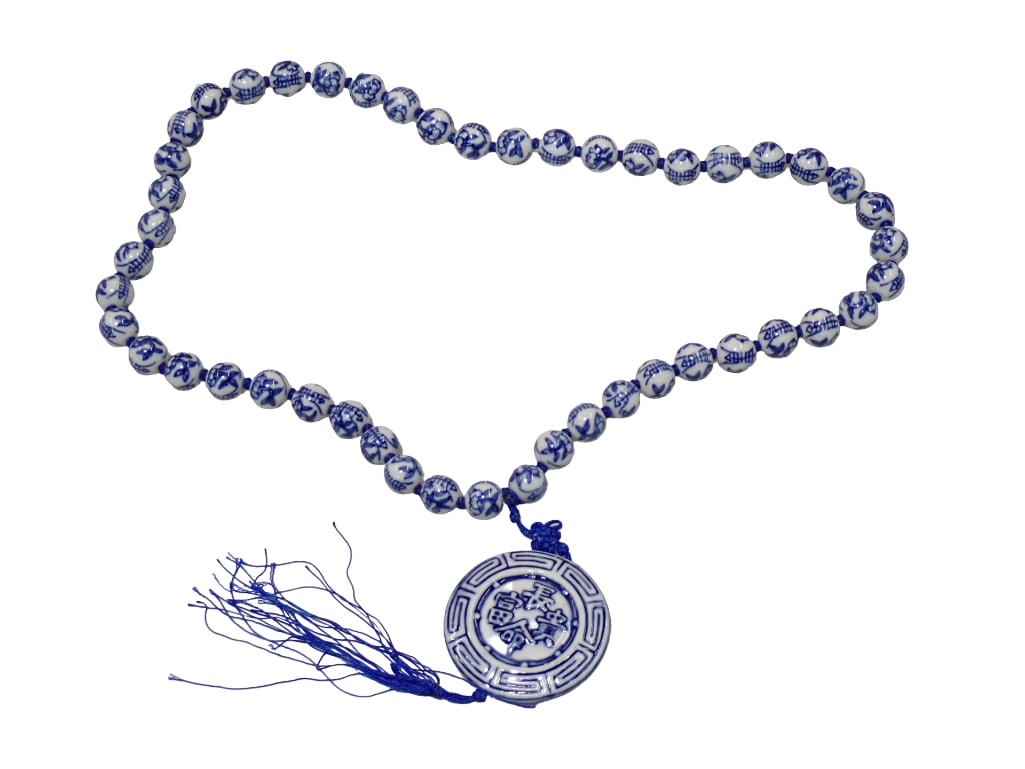 Chinese Blue and White Porcelain Shou Bead Necklace with Round Porcelain Pendant and Tassel: Chinese blue and white porcelain Shou bead necklace with round porcelain pendant and tassel
